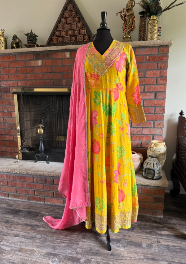 Yellow Floral Anarkali with Pink Dupatta